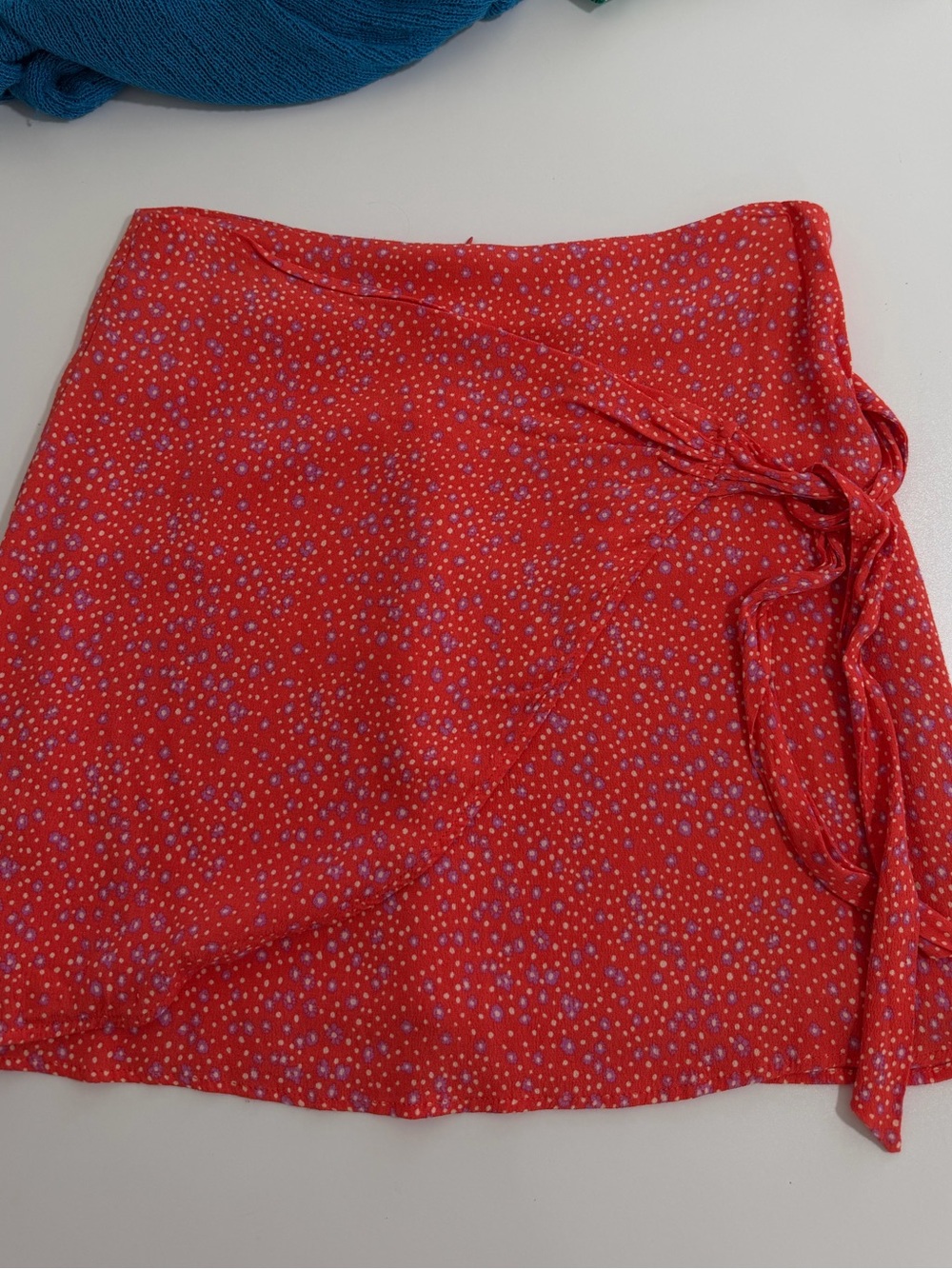 Mango Red Mini Skirt with Blue Dot Print and Side Tie